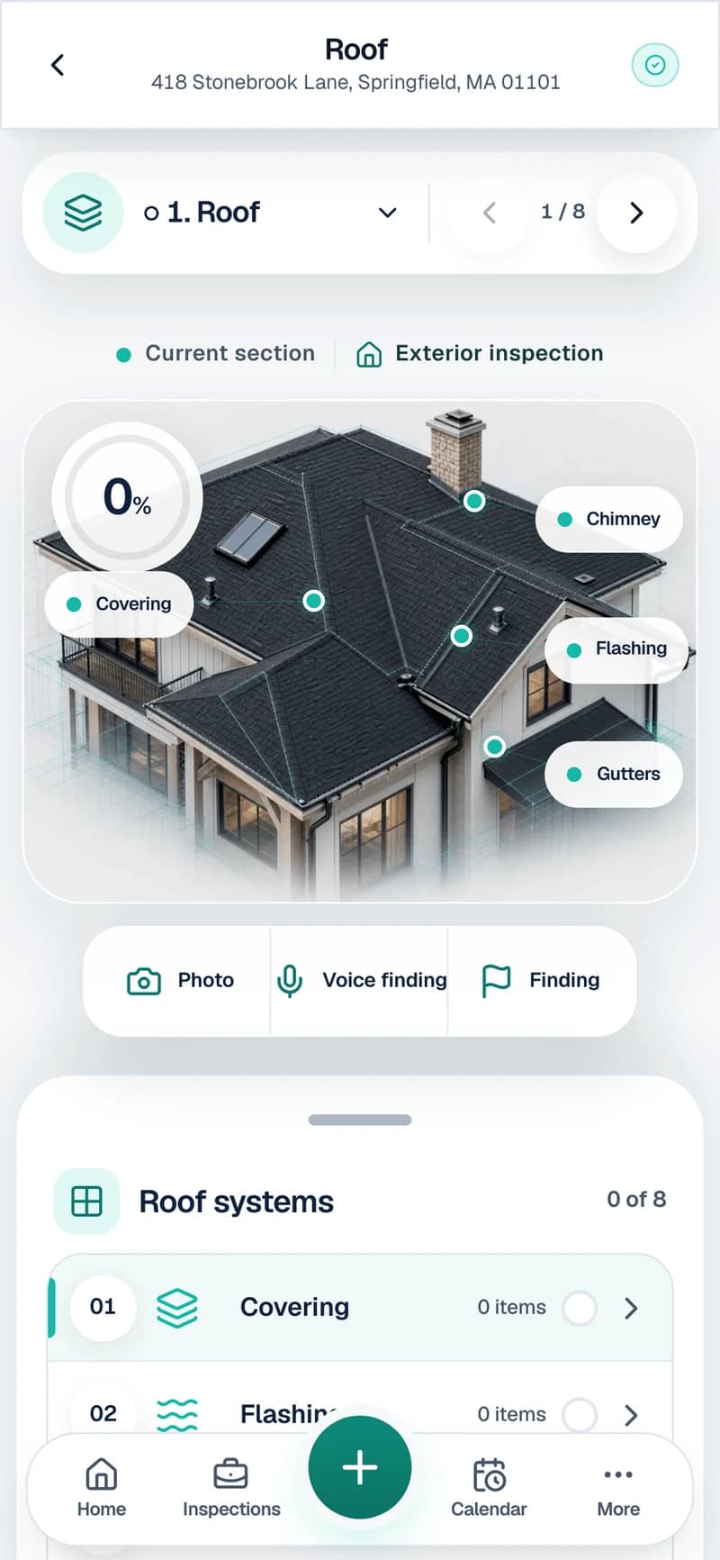 SightSpec's published mobile inspection interface with roof capture tools