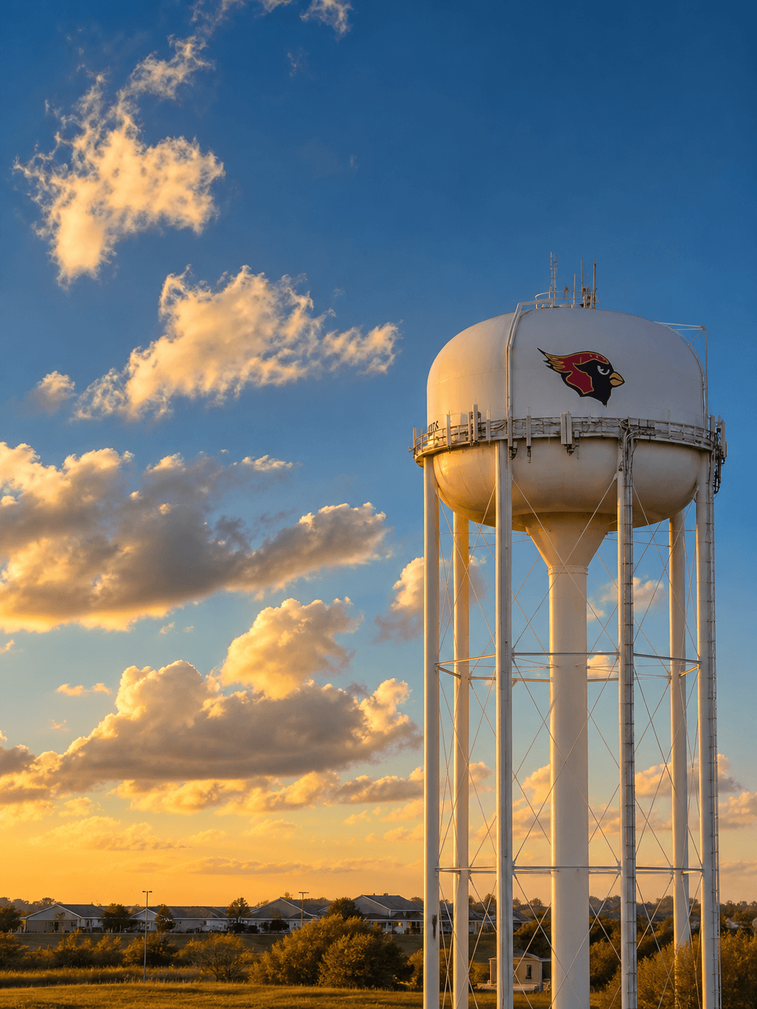 Illustrative editorial view of a Melissa, Texas cardinal water tower at golden hour