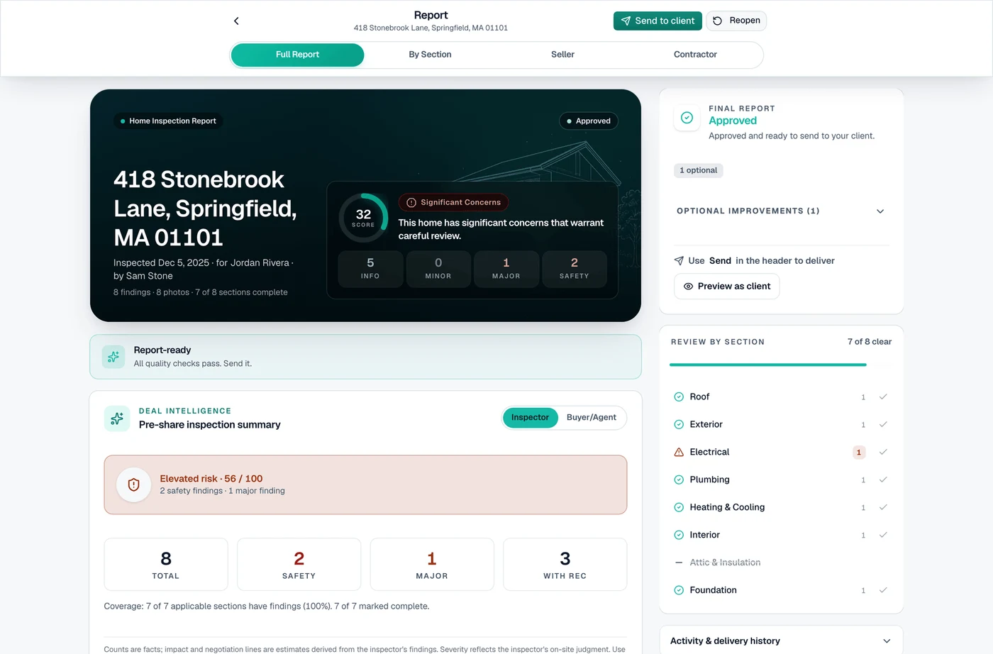 SightSpec report review interface showing inspection findings and approval status